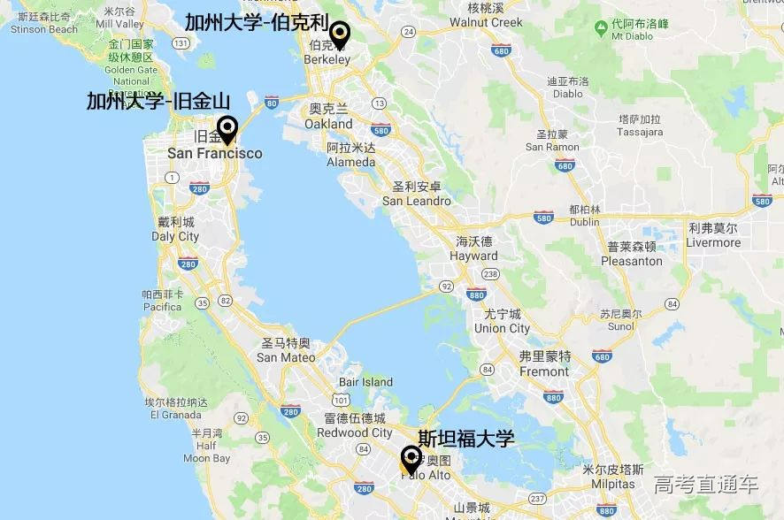 旧金山湾区部分高校 图片来源:谷歌地图