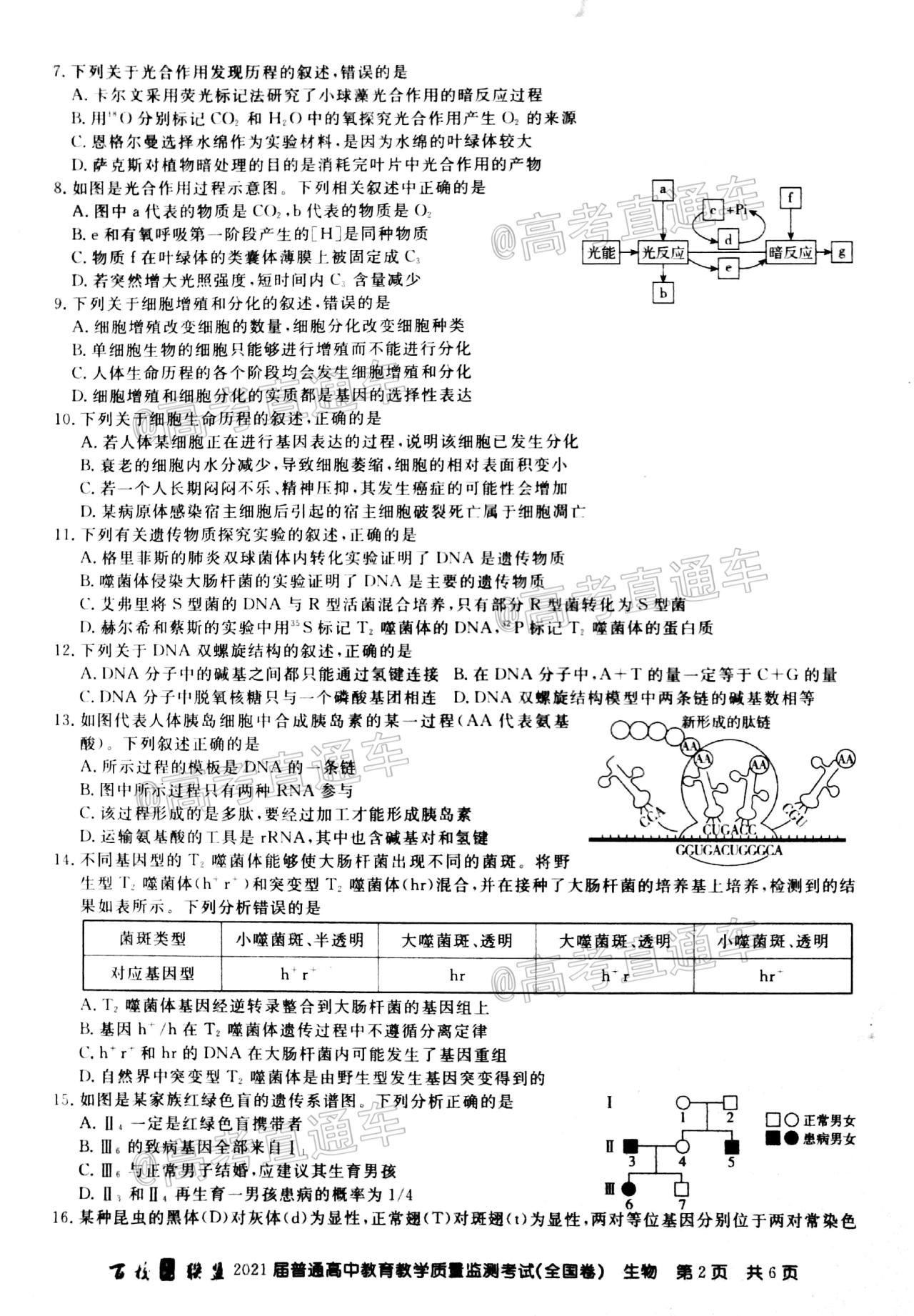 2021百校联考全国卷生物试题及参考答案