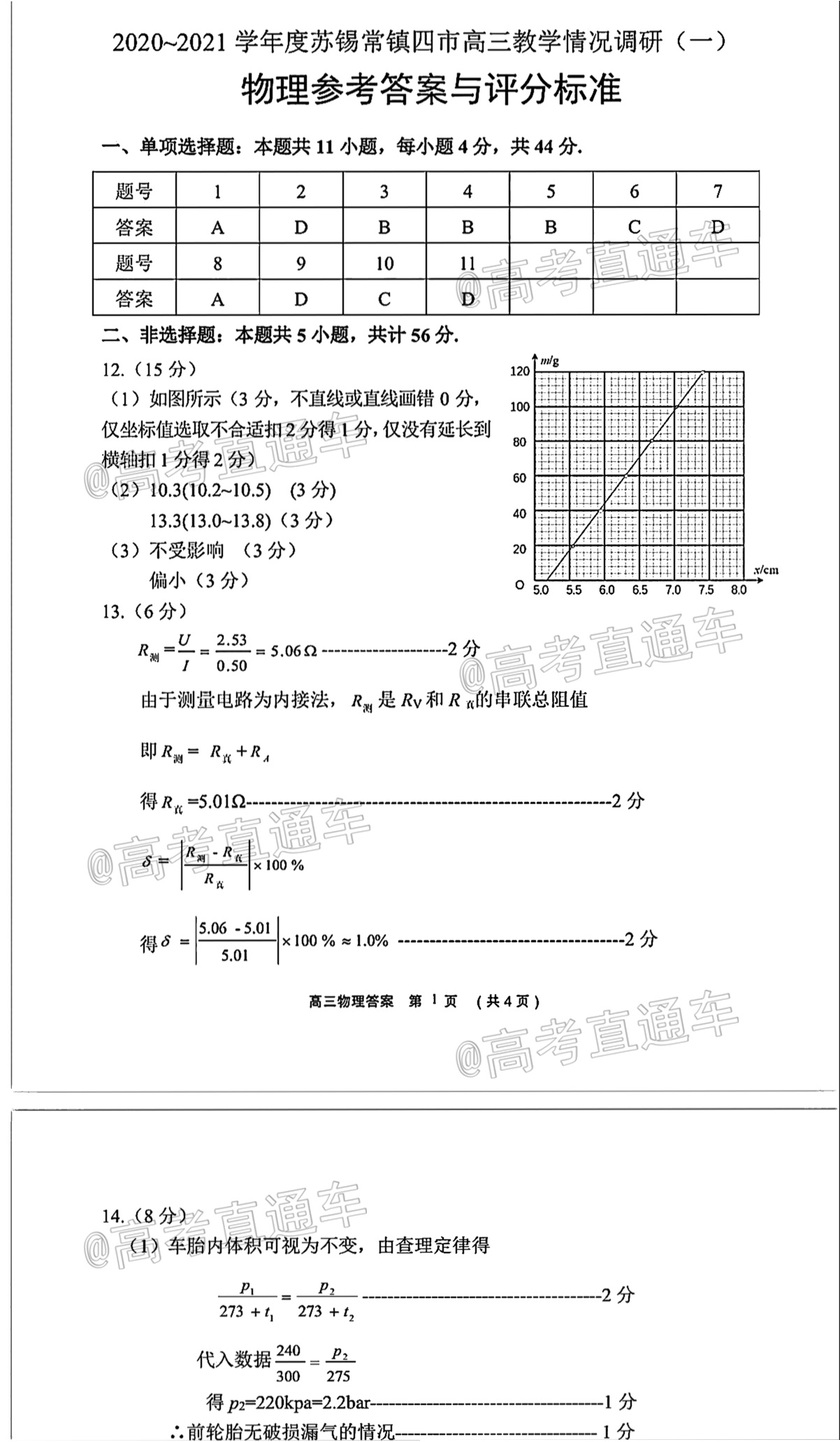 2021苏锡常镇一模物理试题及参考答案