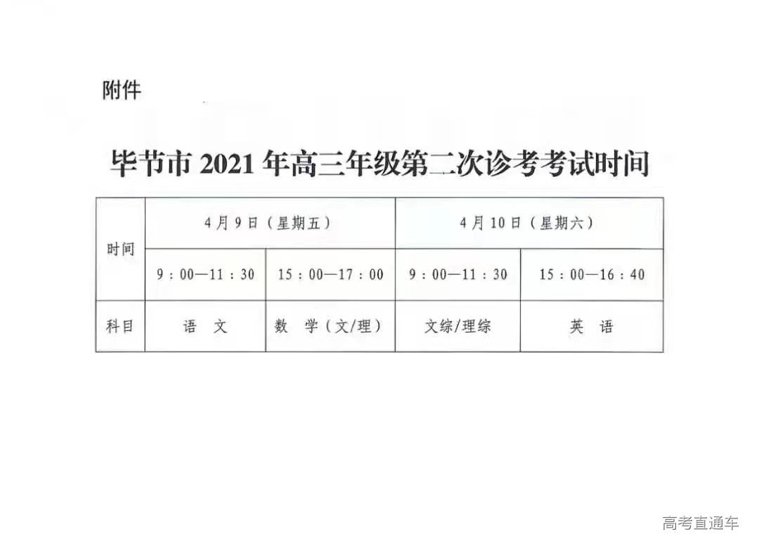 2021年毕节二诊考试时间安排