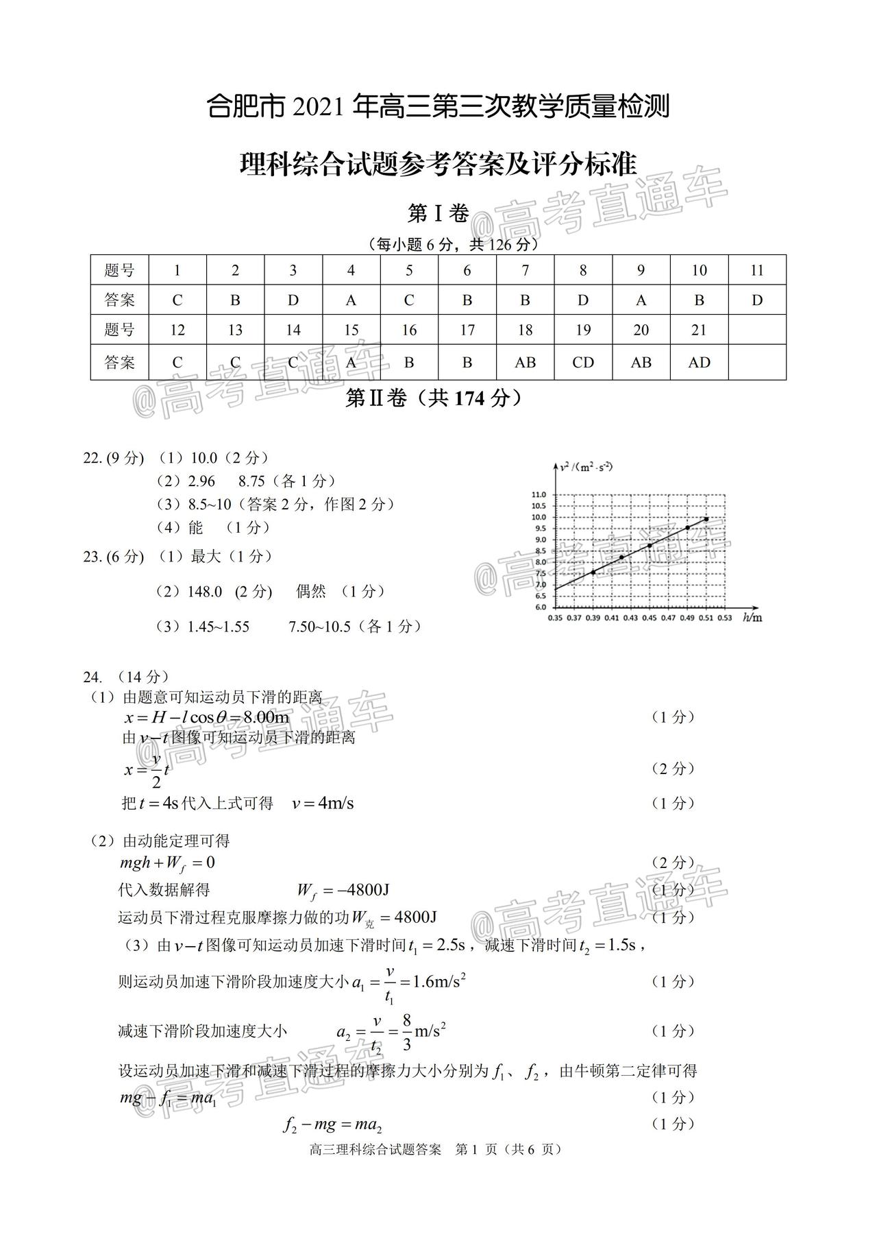 2021合肥三模理综试题及参考答案