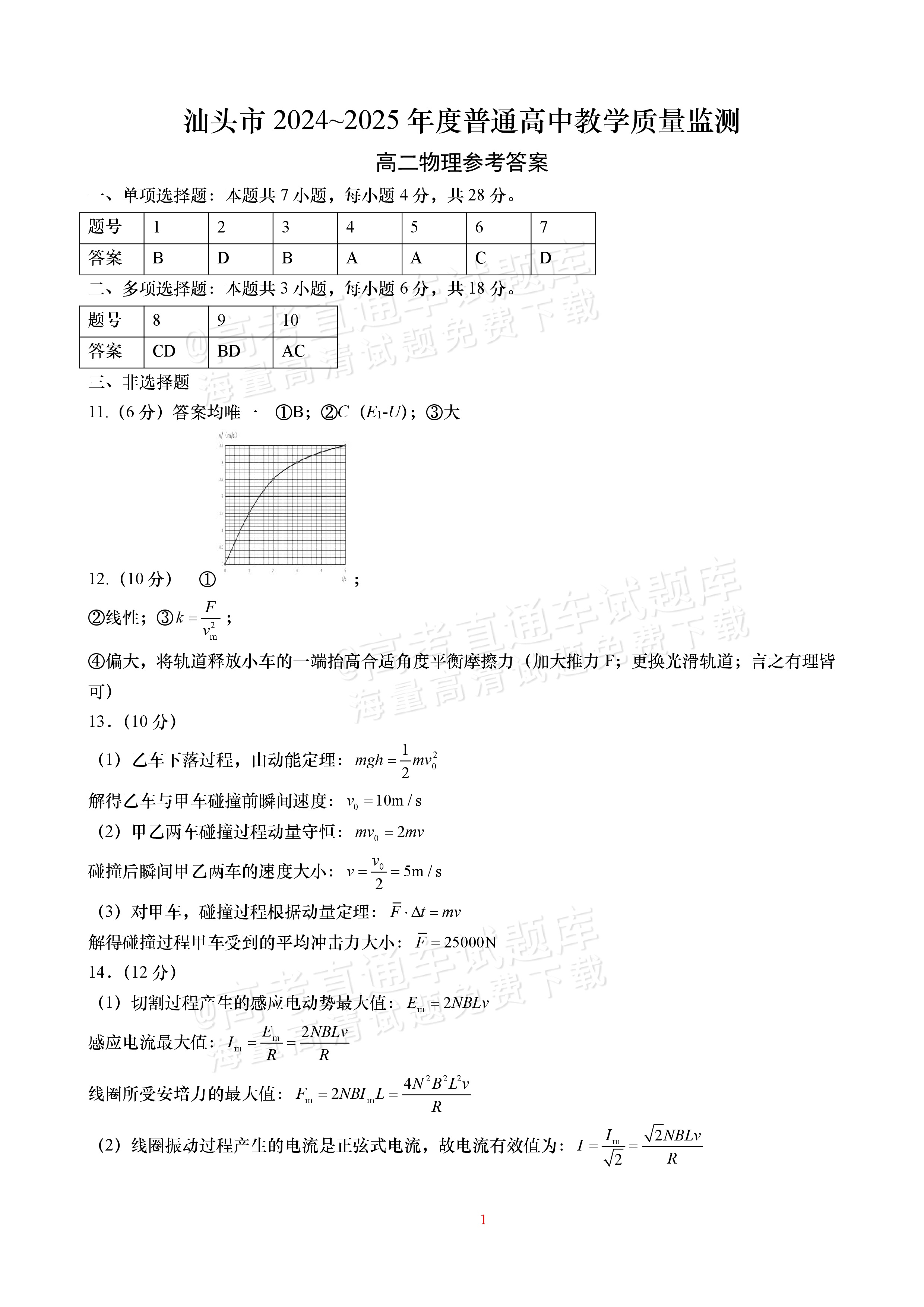 2025汕头高二下期末统考物理试题及参考答案-高考直通车