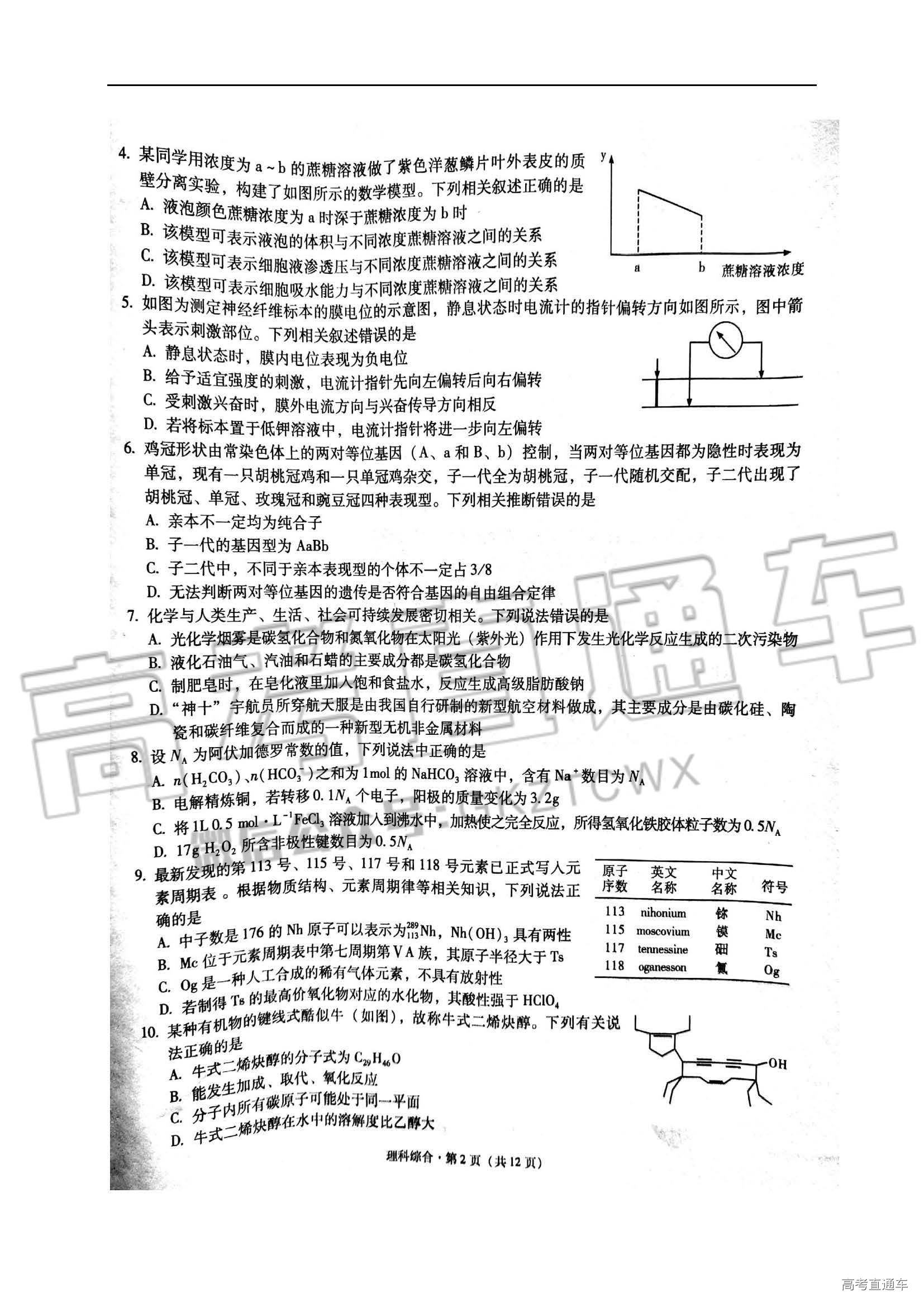 2019昆明一中第一次月考理综试题及参考答案