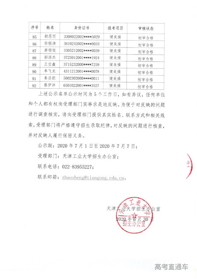 天津工业大学2020年高水平运动队报名资格初审合格公示