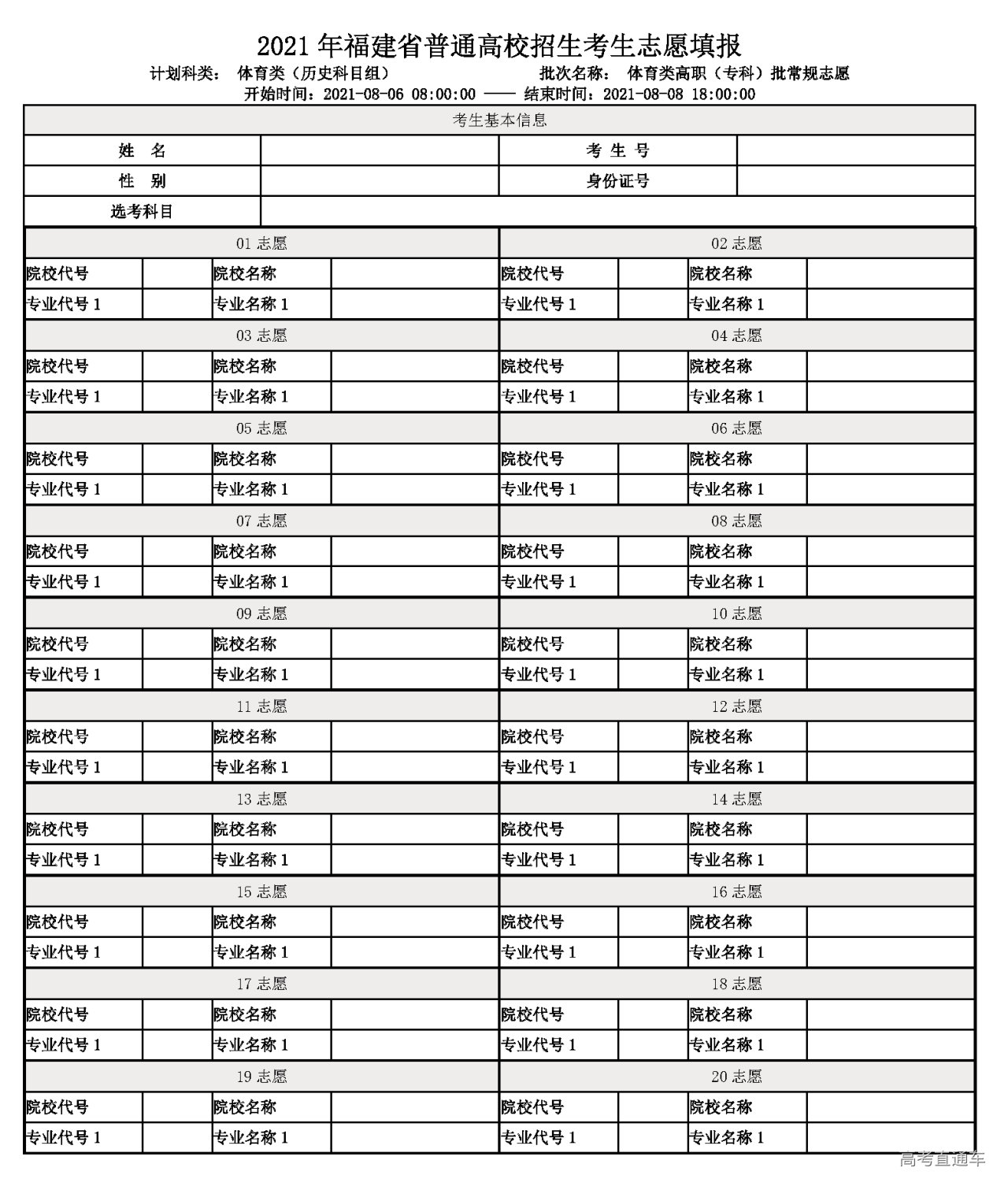 福建2021年普通高校网上填报志愿样表体育类