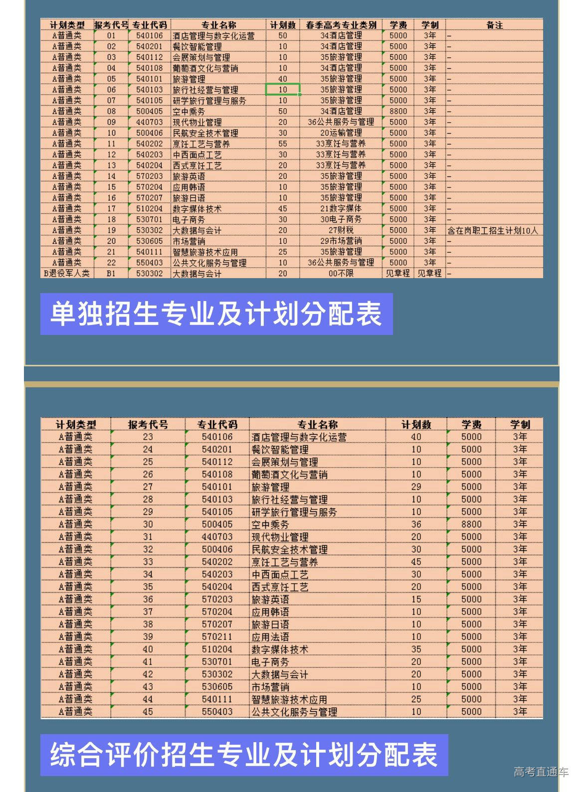 山東旅遊職業學院2022年單獨招生及綜合評價招生計劃表