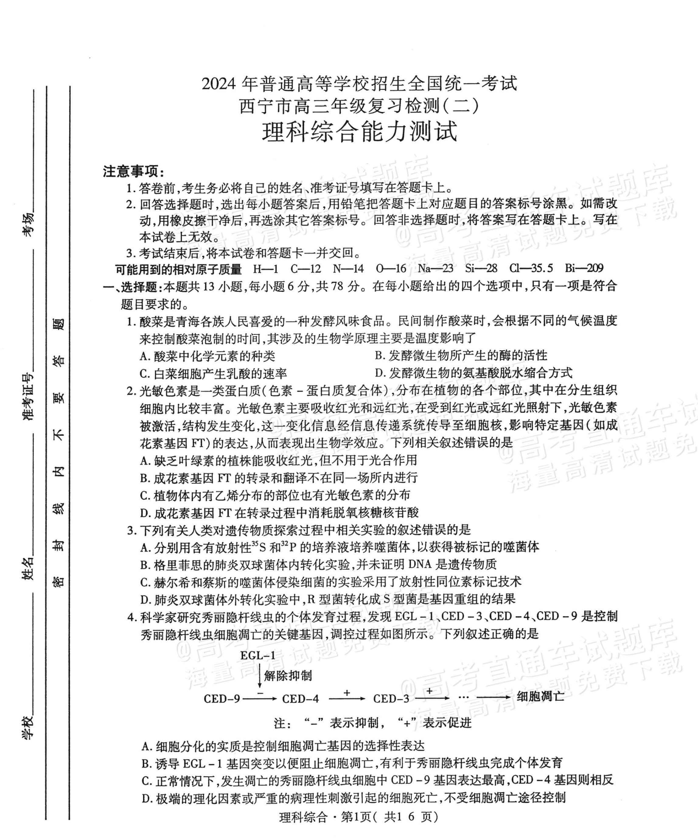 2024青海西宁高三二模理综试题及参考答案-高考直通车