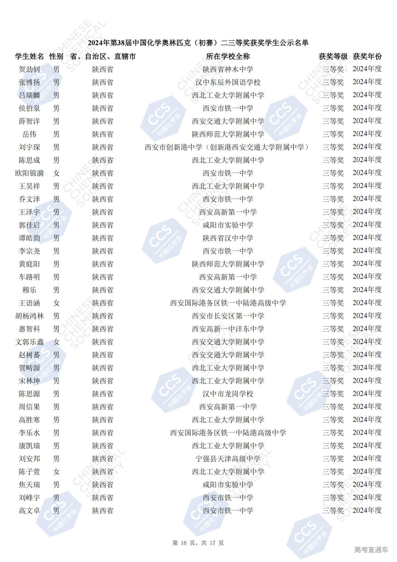 陕西2024年第38届全国中学生化学竞赛初赛省三获奖名单