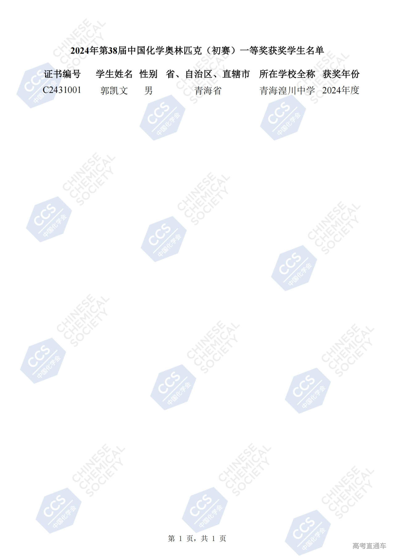 1727404749635971.jpg 31-青海省 2024年第38届中国化学奥林匹克(初赛)一等奖获奖学生名单_00.jpg