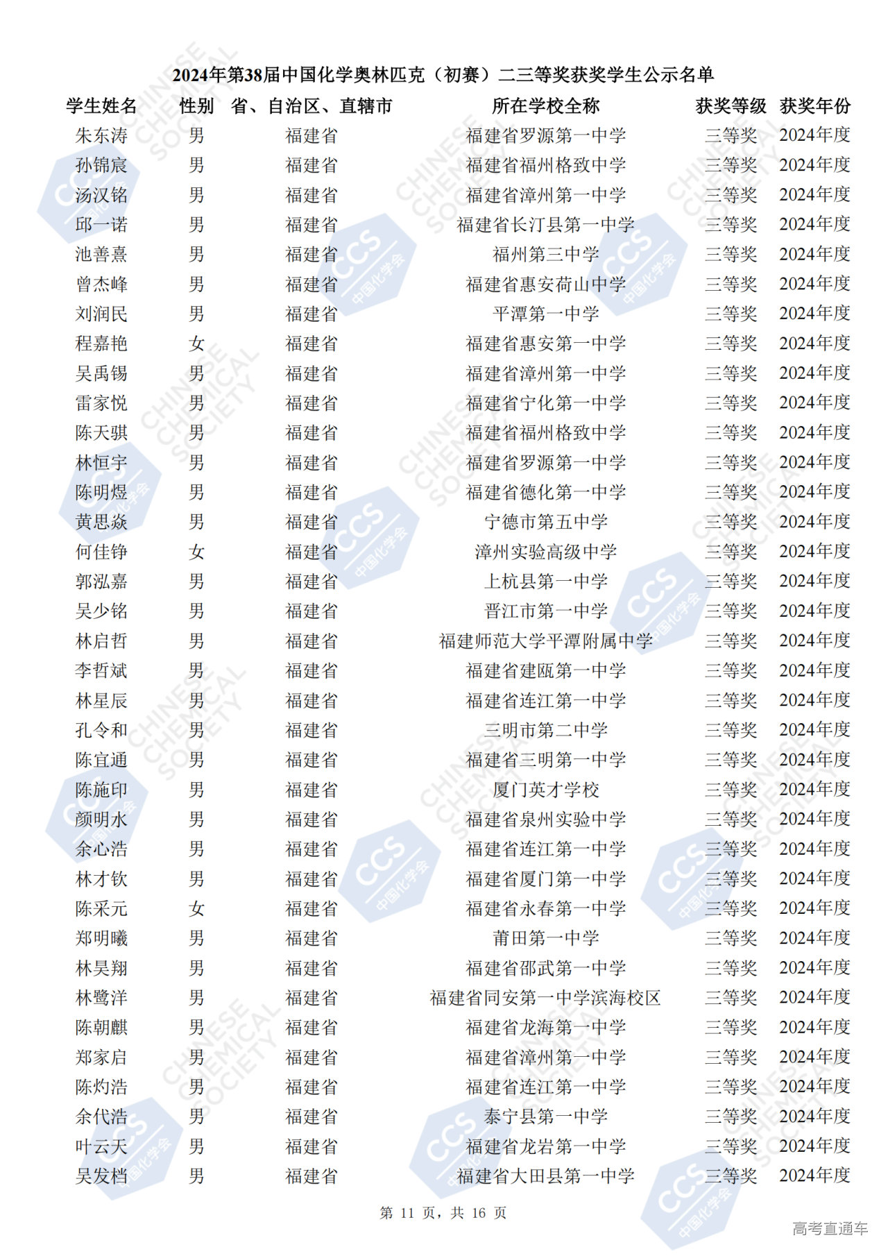 福建省2024年第38届全国中学生化学竞赛初赛省三获奖名单