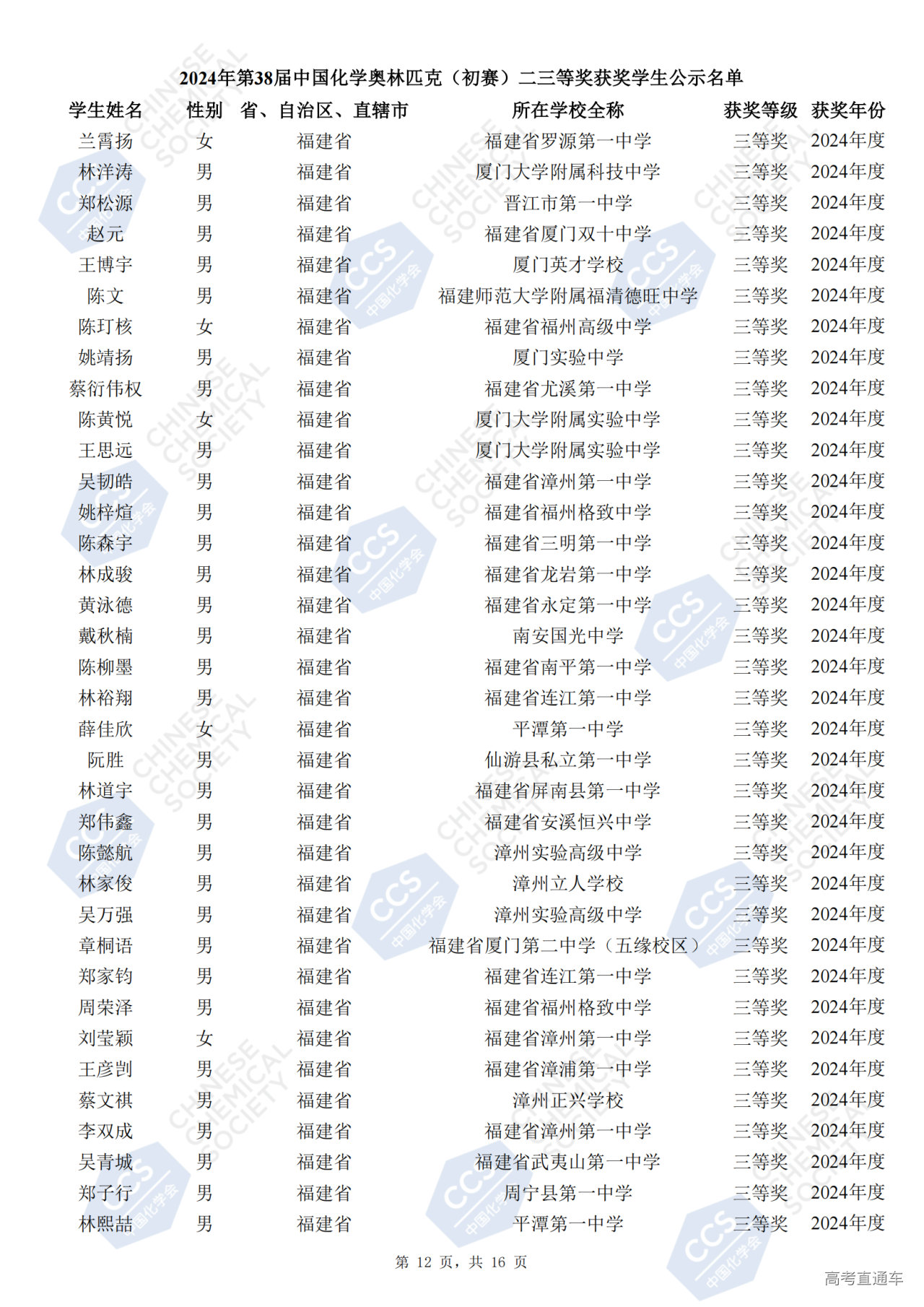 福建省2024年第38届全国中学生化学竞赛初赛省三获奖名单